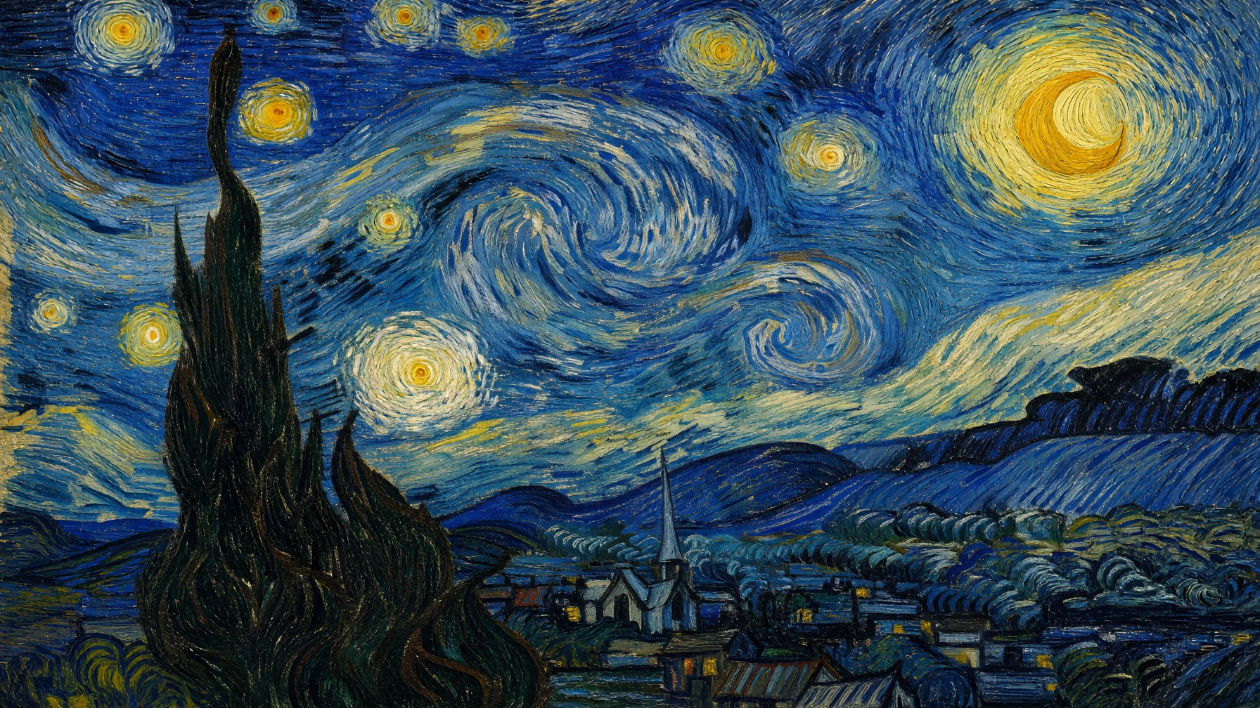 Vincent van Gogh, The Starry Night, 1889: a swirling night sky over a village and a dark cypress.